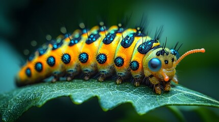 Vibrant caterpillar feasting on a tropical leaf
