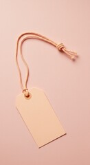 Blank paper tag on pink background, tied with string. Simple design element for price, gift, or label concept. Minimalist style.
