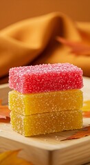 A vibrant stack of sugar-coated gummy candies, showcasing a delightful treat with vibrant colors and a tempting sugary coating.