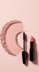 Blush powder forms a crescent shape, joined by mascara and lipstick. A pink-on-pink palette creates a soft, elegant look. #Makeup