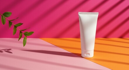 A white, unmarked tube sits on a bright, colorful surface, partially shaded by natural light and a leafy branch on the side.