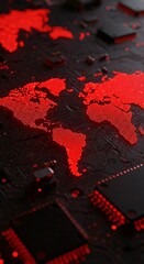 Red world map of glowing dots layered over a computer circuit board. Global tech and connections illustrated with motherboard components.