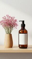 Aesthetic arrangement: Pink flowers in a wooden vase beside a brown bottle with a white label, minimalist elegance on a light wooden surface.