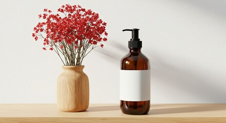 Elegant amber bottle beside a wooden vase holding vibrant red flowers, placed on a sleek wooden surface against a bright white backdrop.