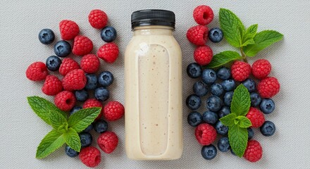 A bottle of creamy smoothie is surrounded by fresh raspberries, blueberries, and mint leaves on a neutral surface.