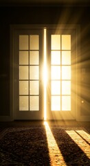 Sunlight streams through the doors, illuminating the room with a warm, inviting glow and creating a stunning visual contrast.