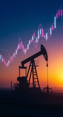 Oil Pumpjack Silhouette Against Sunrise with Economic Chart Overlay: Industry's Performance Reflecting Financial Trends.