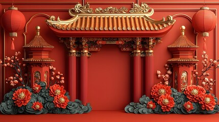 Obraz premium Ornate Asian inspired frame with golden pagoda corners and vibrant floral accents