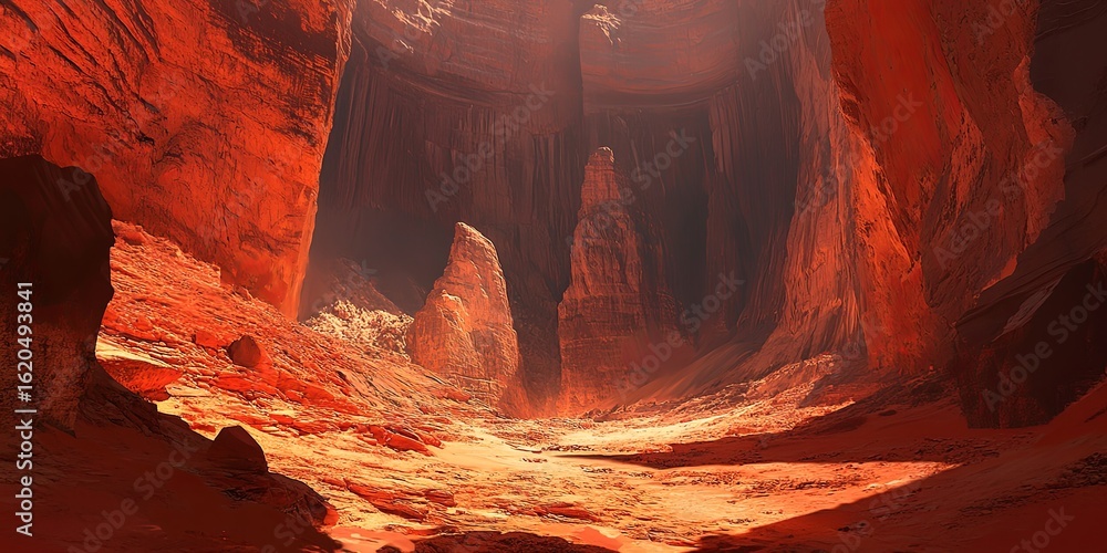 Poster detailed view of a desert canyon, the towering red rock formations carved by time and the elements, 