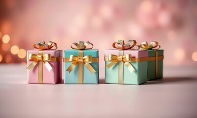Three colorful gift boxes with gold ribbons on a soft pink surface with blurred bokeh background