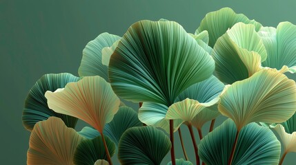 Green Ginkgo Leaves with Elegant Fan-shaped Foliage on Dark Background