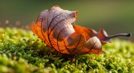 A single brown autumn leaf, glistening with dew drops, rests on a vibrant carpet of green moss.