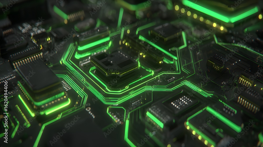 Poster close-up view of a circuit board with glowing green pathways.