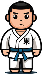 Cartoon boy in karate uniform with blue belt martial arts