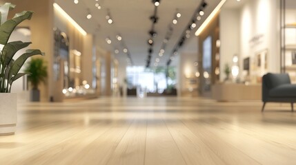 Modern Showroom Interior Design: Light Wood Flooring, Blurred Background, Elegant Ambiance