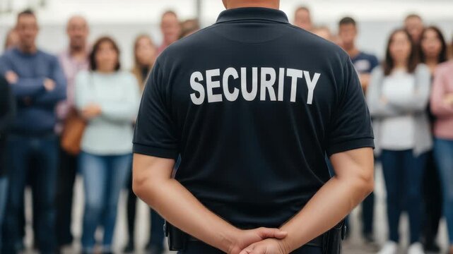 A security guard in a dark uniform with the word security clearly visible on the back stands facing away from the camera, with a blurred crowd of people behind him