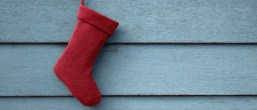 Red stocking hanging on blue wooden wall evokes festive mood - Powered by Adobe