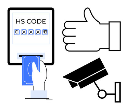 Digital kiosk with pin entry and cash insertion, thumbs-up sign symbolizing approval, and surveillance camera. Ideal for finance, payment security, verification, technology, approval, monitoring