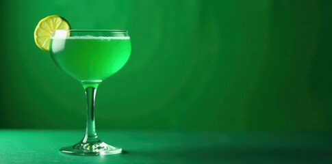 Emerald green cocktail in coupe glass on vibrant green backdrop, drink photography, herbaceous, fresh