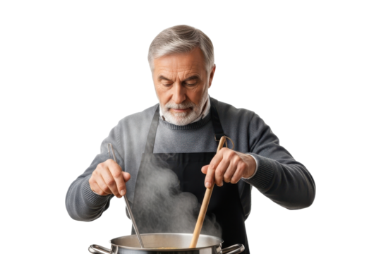 Senior man stirring a steaming pot while cooking