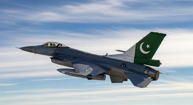 Powerful F-16 fighter jet soaring through a bright blue sky with clouds