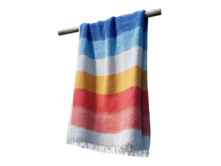 Colorful striped beach towel hanging on wooden rod blue, Isolated, Png Transparent Background