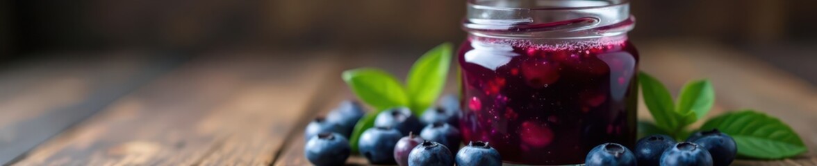 Glass jar filled with homemade blueberry jam, rustic setting, food photography, preserve, fruit