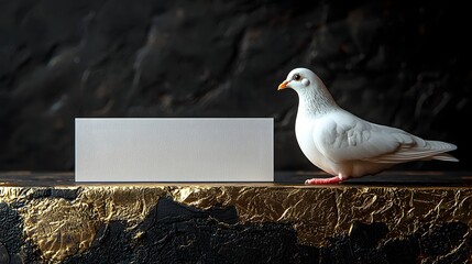 A white dove perched on a golden gift card against a rock backdrop