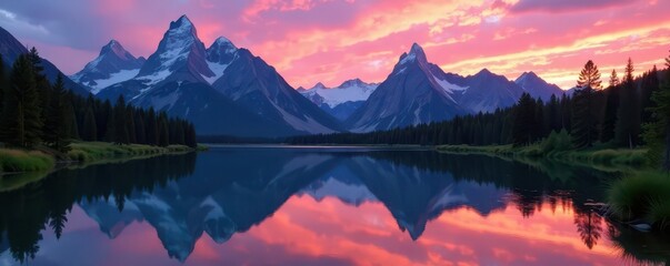 Grand Teton mountain range mirrored in still lake water at sunrise, beautiful, serene