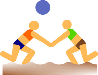 Two players competing in beach volleyball on sandy court , vector 
