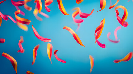 Vibrant confetti floating against a blue gradient backdrop, evoking a festive celebration mood.
