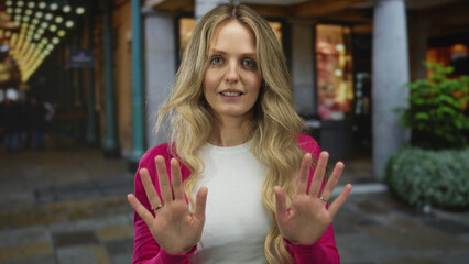On a busy boulevard frame, a woman raises her hands in a stop signal outdoors as her young blonde...