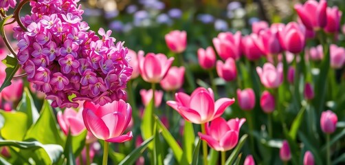 Lilac blossoms and vibrant pink & purple tulips in a spring garden, beautiful, flower bed, pink tulips