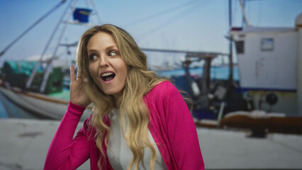 Woman cups ear listening at port with a young blonde on boat by seaside outdoors, showing a curious smile.