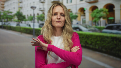 Blonde woman expressing frustration with crossed arms outdoors on a lively street with cars and buildings in the background.