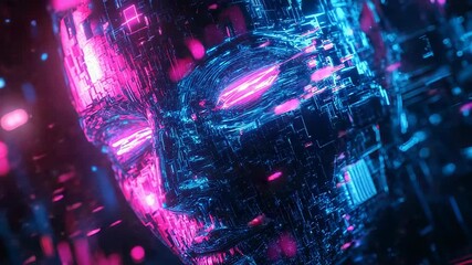 Artificial intelligence face emerging from futuristic circuits and data streams - Powered by Adobe