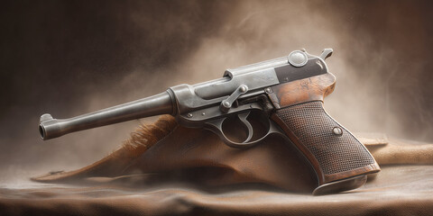 Cinematic 3D Closeup of Vintage Pistol on Worn Leather Surface with Floating Dust and Dramatic Shadows
