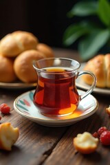 Tea infuser on a small serving dish surrounded by pastries and bread, tea infuser, bread, breakfast