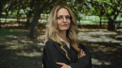 Young blonde woman judge in uniform stands confidently in a green park setting, capturing an image...