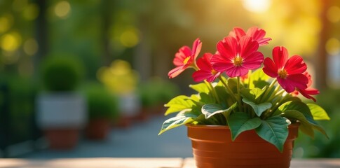 Vibrant red flowers blooming on a colorful potted plant in the sun , pots, blooming