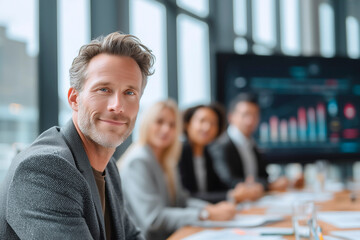 Confident Businessman Smiling During Team Meeting. Corporate Teamwork and Leadership Concept.
