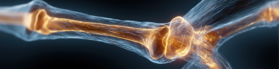 Joint anatomy with bones, ligaments, and cartilage on a dark background