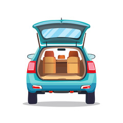 Illustration of a blue car with an open trunk filled with boxes against a black background.