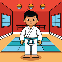 Young boy in martial arts uniform standing in dojo training
