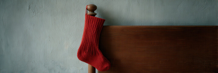 Single red wool stocking hangs on wooden bedpost