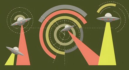 Illustrated scene of ufos emitting beams with concentric circles and radar like elements around them