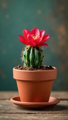 Blooming cactus in terracotta pot on rustic wood , earth tones, image
