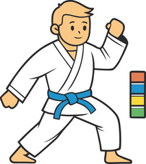 Young boy in white karate uniform with blue belt martial arts
