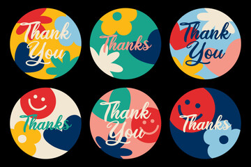 colorful thank you and thanks lettering badges. vector illustration