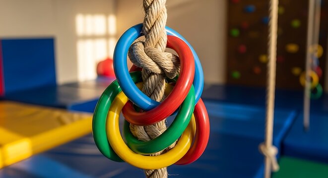 A vibrant blend of colorful ring toys intertwined with a thick knotted rope for climbing